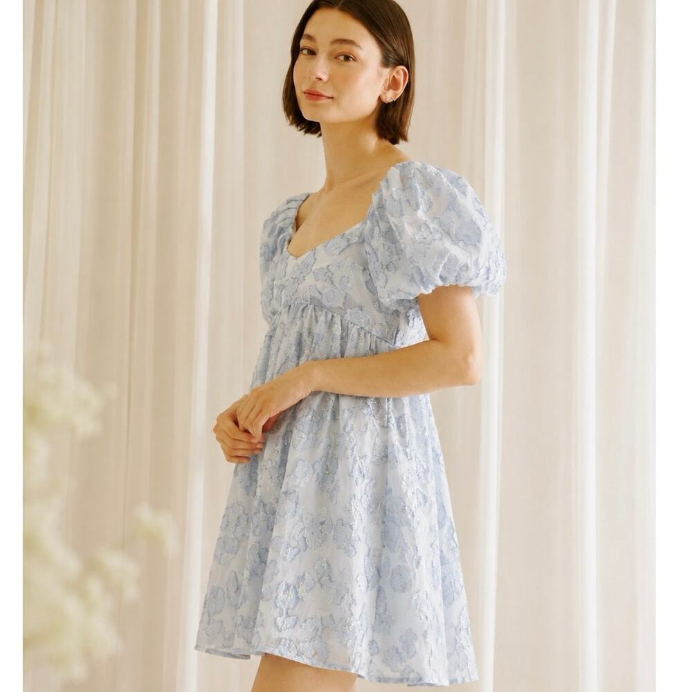 Storia Blue Floral Tulle Baby Doll Puff Sleeve Sparkle Mini Dress Fairycore S